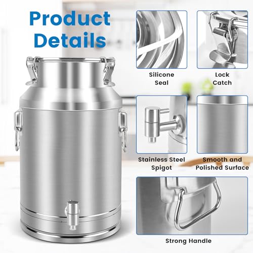 304 Stainless Steel 20 Liter Milk Can, 5.25 Gallon Wine Pail Bucket with Spigot and Sealed Lid, Heavy Duty - size: 20L