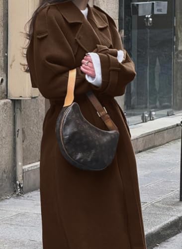 chouyatou Women's Winter Double Breasted Wool Coat Long Sleeve Notch Lapel Midi Long Winter Trench Coat with Belt - color: Brown, size: X-Large