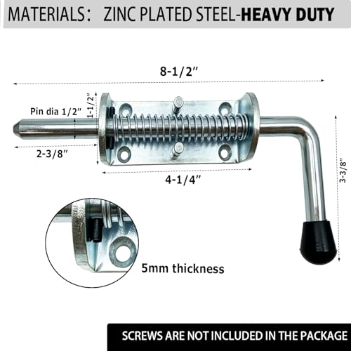 Spring Loaded Gate Latch Pin Barrel Bolt 8.5in x 1/2in Stem Durable Solid Steel Heavy Duty for Tailgate Zinc Plated - 2pcs - style: Heavy Duty 2pcs - 8.5in