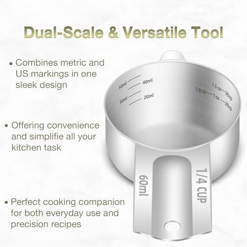 1PCS 1/4Cup (60ml, 2oz) Measuring Cup, Etched Inner Scale Measure Scoop | 18/8(304) Food-Grade Stainless Steel, Seamless One-Piece design, Metric and US Measurement, ‌Rust-Free, Dishwasher-Safe - size: 1/4Cup