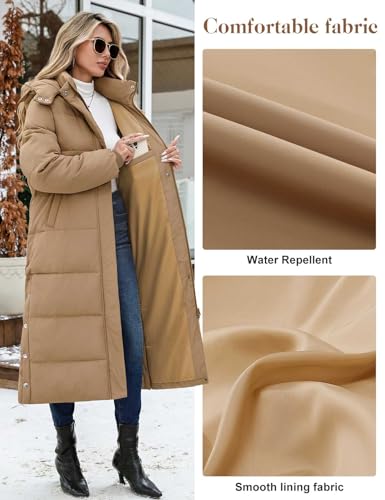 UMIPUBO Women's Long Maxi Down Coat Winter Puffer Jacket | Extra-long,Water Repellent,Side pocket,Faux Fur Removable Hood,Full-Zip,Warm Padded Outerwear - color: Khaki, size: X-Large