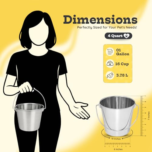 4Qt Heavy Duty Stainless Steel Water Bucket for Kennel, 2-Pack | Food & Water Pail, 1 Gallon Capacity, Heavy-Duty, Round Design with Carry Handle, Ideal for Dogs, Cats, Goat & Farm Animals - size: 4 Quart (Pack of 2)