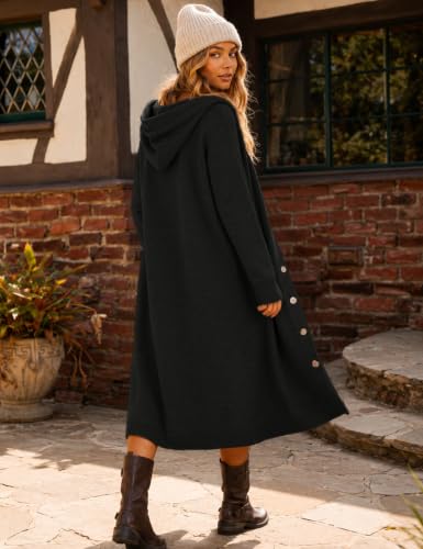 CiCiBird Womens Fall Long Cardigan Sweater Hooded Button Coat | Side Pockets, Loose Midi Length, Cozy Texture, Soft Lightweight Knit, Lounge To Outdoor Wear, Daily Layering, House Coat - color: Black, size: Small