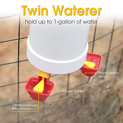 VOSON 1 Gallon Hanging Chicken Waterer with Two Automatic-Fill Water Cups - No Waste Poultry Water Dispenser for Coop (White)