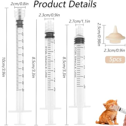 Pet Feeder Syringe, Newborn Animal Feeder Syringe Individually Wrapped, 1ML/3ML/5ML Pet Feeding Nursing Syringe with 5 Nipple, Silicone Pet Feeding Nipple for Kitten Puppy and Small Animals