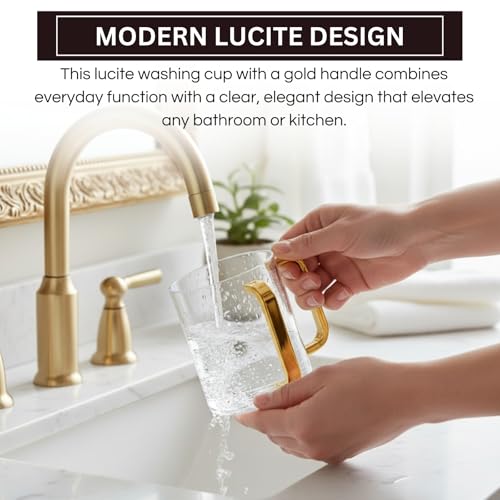 Khen Lucite Washing Cup with Gold Handles | Acrylic Handwashing Vessel | Modern Clear Mug Luxury Bathroom Sink Accessory | Decorative Stylish Household Essential | Elegant Plastic Jug - color: Gold