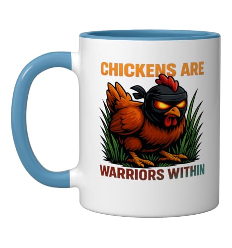 Chickens Are Warriors Within Funny Poultry Ninja Ceramic Mug, Blue/White, 11oz - color: Blue/White, size: 11 Ounces