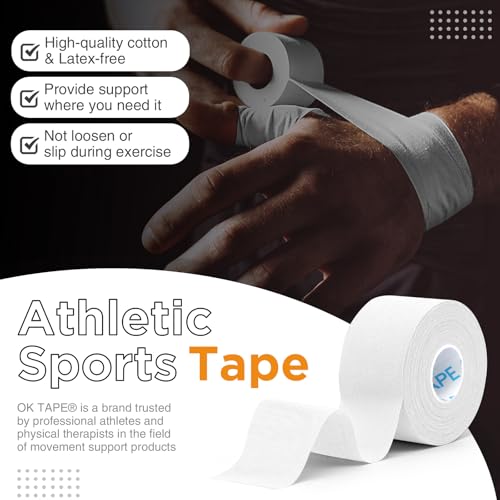 OK TAPE 4 Rolls White Athletic Tape, Sports Tape, Very Strong, Easy Tear | Medical Tape, Wrist Tape, No Sticky Residue, Secure Ankle, Finger, Knee- 1.5inch x 15yards - color: White-4 Rolls, size: 15 yards