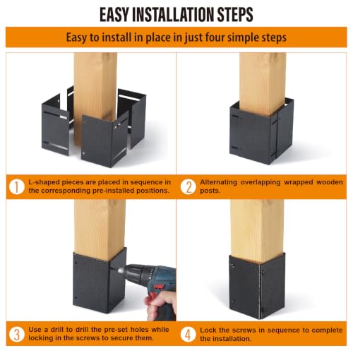 Stainless Steel Adjustable (Range 3.3"-6") Post Protector, Protects Wooden Mailboxes and Fences from Lawnmower and rain Damage (Black, 4 Set) - color: Black, size: 4 set