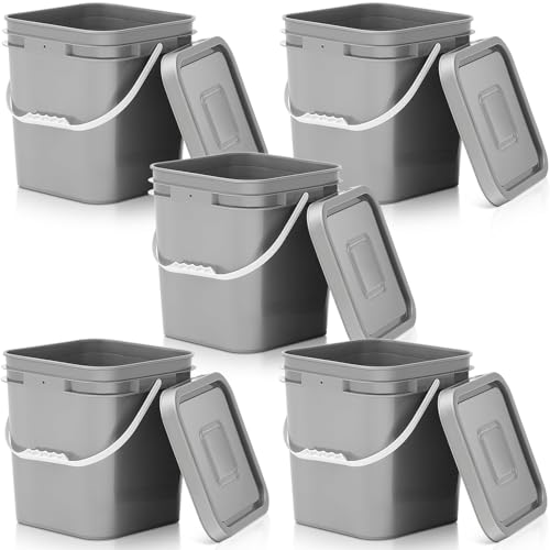Mumufy 5 Pcs 3.5 Gallon Square Food Grade Bucket with Lid Square Bucket Pail Plastic Handles for Long Term Food Storage, Camping, Fishing, Home Organization Easy Stack and Store (Gray) - color: Gray