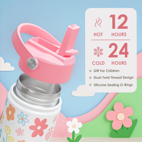 SANDJEST Kids Water Bottle Stainless Steel with Straw Lid, Floral Water Bottle 12oz, Travel Tumbler, Gifts for Girls, Birthday, Christmas, Back To School - color: Floral 1