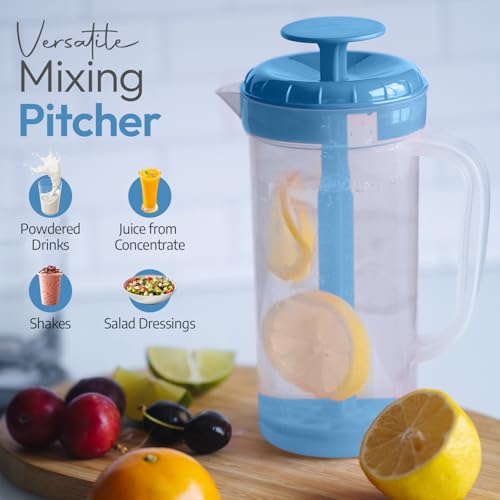 1 Quart Plastic Mixing Pitcher with Mixing Lid, BPA Free, Shatterproof Beverage Jug for Iced Tea, Lemonade, Juices, Milk – Leak-Proof, Easy Stirring, Dishwasher Safe | Blue - color: Blue, 1qt Mixing Pitcher