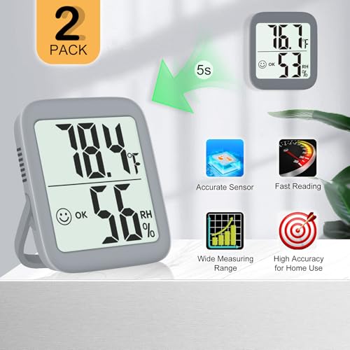 Antonki 2 Pack Room Thermometer Indoor Hygrometer | Monitor Temperature & Humidity, Accurate, Fast Read, Easy To View, Magnetic/Kickstand/Hanging, ℉/℃, w/ Battery, Compact - color: 2 Pcs* Space Grey