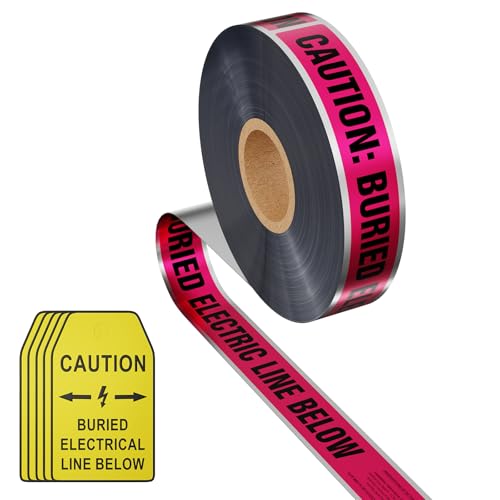 300 Feet Caution Buried Electric Line Below Detectable Safety Tape with Above-Ground Warning Tag, Detectable 2-Inch