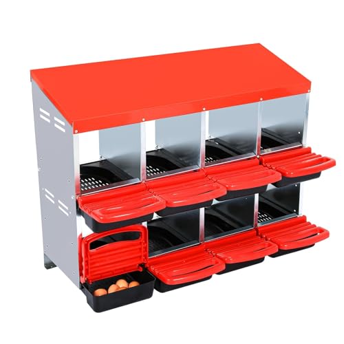 8-Compartment Chicken Nesting Box, Heavy Duty Galvanized Steel Poultry Nest Box, Wall Mount/Freestanding Design for Hens, Ducks, Backyard Homesteads & Farm Use, Red, No Stand - color: Red, size: 8 Room