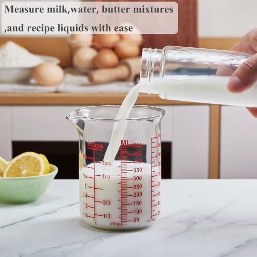 Ackers BORO3.3 Borosilicate Glass Measuring Cup, 500 ml (16 oz, 2 Cup) | Handleless beaker with printed ml, oz and cup scales and a V-shaped spout for clear measuring and controlled pouring - size: 2Cup,500ML