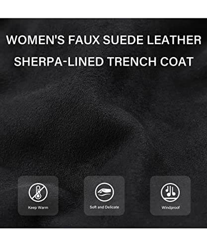 Bellivera Women's Faux Suede Leather Fleece Lined Trench Coat | Mid-length Winter Trendy Jacket Belted Sim Fit Outerwear with Detachable Faux Fur Collar - color: Black, size: Small