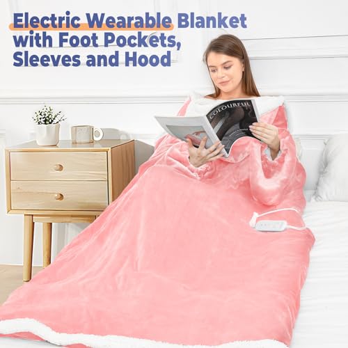 Wearable Heated Blanket with Foot Pocket, Electric Wearable Throw Blanket with Sleeves, Hood, Portable Heated Blanket with 8 Heat Settings, 1-10 Hours Auto Shut-off, Gift for Family, Friends, 50*70" - color: Pink