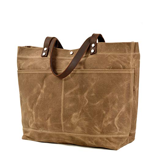 WUDON Waxed Canvas Travel Tote Bag - Extra Large Carryall Shoulder Bag for Women | Travel - color: Khaki