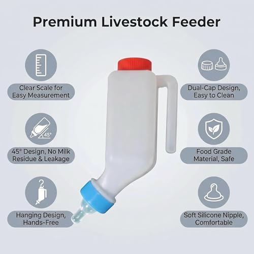 5 Pack 800ml Lamb Feeding Bottles | 5 bottles with 10 soft silicone nipples. 45° leak-proof double-cap design, marked with clear scales.