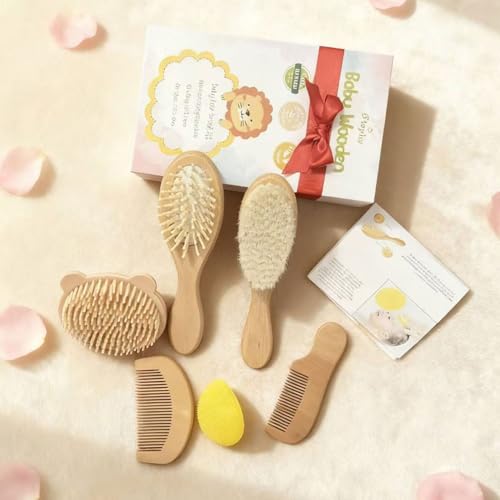 6 Piece Baby Hair Brush & Comb Set, Natural Bamboo & Goat Bristle for Cradle Cap Care, Newborn to Toddler Grooming Kit with Silicone Scrubbers for Scalp Massage