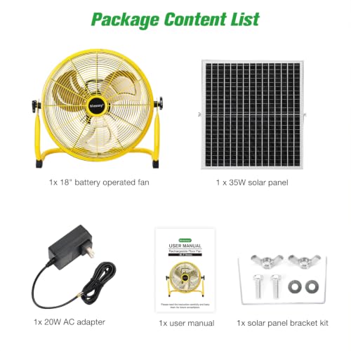 blessny 18" Large Solar Rechargeable Floor Fan for Home Gazebo Greenhouse | 35W Solar Panel with 23 Ft Long Cord for Camping Barn Poultry Pet House Outdoor Cooling or Air Circulation