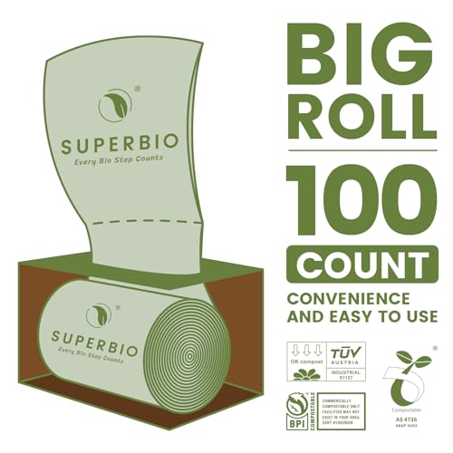 SUPERBIO 2.6 Gallon Compostable Food Waste Bags, 100 Count, 1 Pack | Flat Top Food Scrap Bags, 9.84L, ASTM D6400, Certified by BPI and OK compost HOME - color: 2.6 Gallon Flat Top, 100 Count