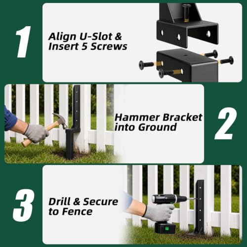 Fence Post Repair Kit, Heavy Duty Steel Fence Post Stabilizer Brace, 1 Pack | Made from U-channel steel, its interlocking U-slot design uses 5 multi-angle screws to reinforce the upper/lower connection - size: 1 Pack