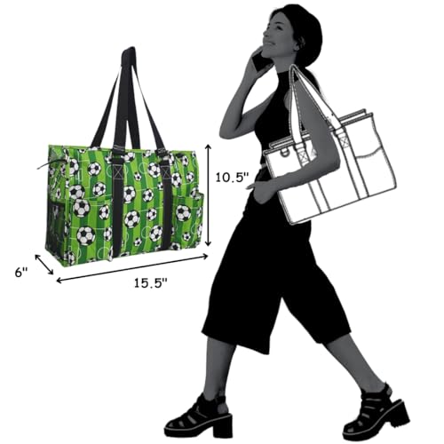 NGIL Utility Water Resistant Tote Bag | Work Tote for Women, Nurse Bag, Teacher's Choice Purse, Gym Bag, Everyday Organizer Top Zipper Closure - color: Soccer Goal- Black