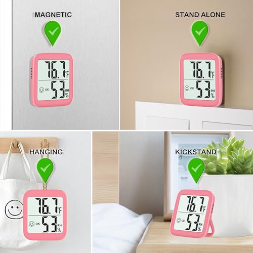 Antonki 2 Pack Room Thermometer Indoor Hygrometer | Monitor Temperature & Humidity, Accurate, Fast Read, Easy To View, Magnetic/Kickstand/Hanging, ℉/℃, w/ Battery, Compact - color: 2 Pcs* Pink