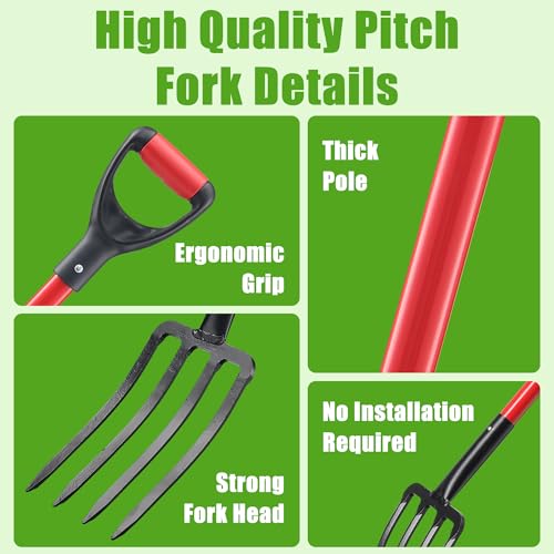 Pitch Fork for Hay, Heavy Duty Pitchfork for Garden, Metal Broadfork Yard Garden Tools Long Handle for Gardening Digging, Mulching 43 inch