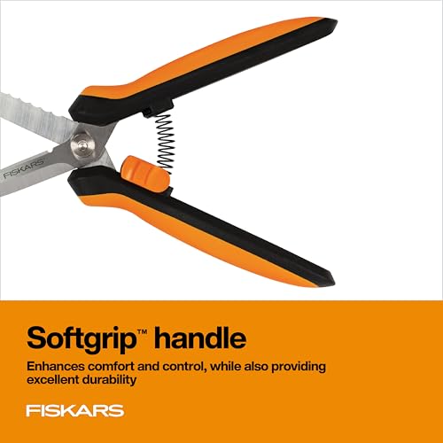 Fiskars 8" SoftGrip Pruning Shears, Multipurpose Garden Snips with Sheath | Heavy-Duty Scissors with Outer Serrated Edge, SoftGrip Handle, Great for Cutting Nursery Pots, Soil Bags & Wire - style: Snips