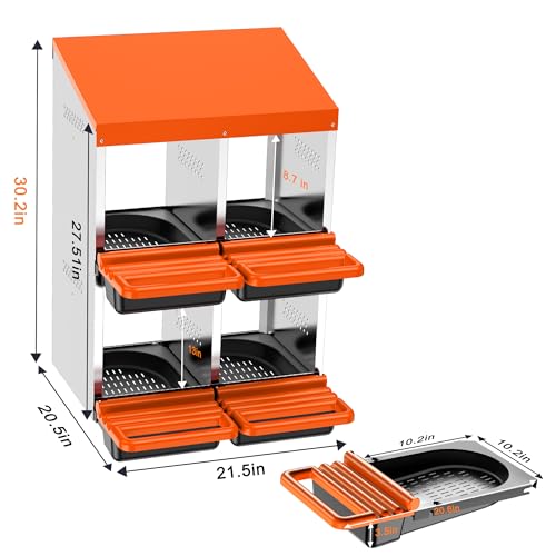 Chicken Nesting Boxes, Roll Away Nest Box for Egg Collector, 4 Holes Orange | Metal Nesting Box for Laying Eggs with Lid Cover to Protect Eggs, Easy Wipe, Slide Out for Quick Bedding Change and Rinse - size: 4 Holes