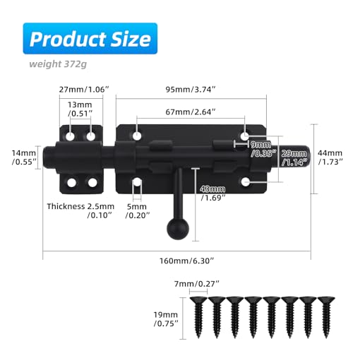 Barrel Bolt Latch, 6.3" Heavy Duty Gate Latch Slide Lock Solid 304 Stainless Steel Bolt Lock for Inside Door, Finished Shed Door Latch (1 Pack, Black) - color: Black 6inch