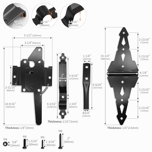 8" Heavy Duty Decorative Strap Hinges and Spring Loaded Latch Kit with Screws for Outdoor Fence Swing Gate Black Finish，Wood Gate Hardware Set，with Handle (1, Black)