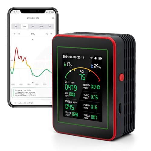 15-in-1 Air Quality Monitor with WiFi, Indoor Temperature Humidity Sensor, Real-Time Display, App Control, Portable for Home and Office