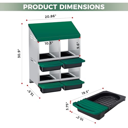 Chicken Nesting Box, 4 Compartment Roll Away Design for High-Volume Egg Collection and Easy Wall Mounting with Metal Legs