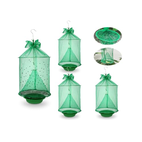 Reusable Outdoor Fly Trap Hanging Fly Catcher with Brush-4 Pack | Fly Cage Ranch Fly Traps with Bait Tray, Fly Control Killer Repellent Hunter Catcher for Barn Orchard Farm Horse Patio - size: 4 pack