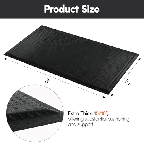 Anti Fatigue Mats Industrial 2' x 3' 15/16" Thick Ergonomic Standing Mat Commercial Heavy Duty Diamond Plate Shop Floor Mat Helps Relieve Back and Leg Soreness - size: 2' x 3'