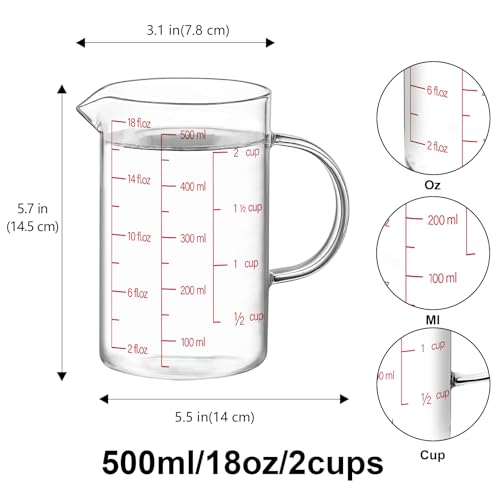 Luvan 18OZ/500ML Glass Measuring Cup, 2 Cup Glass Measuring Cups With 3 Scales (Ml/Oz/Cup), High Borosilicate Measuring Cup With Handle and V-Shaped Spout, Dishwasher/Freezer/Microwave Safe - color: 18Oz/2Cups/0.5L