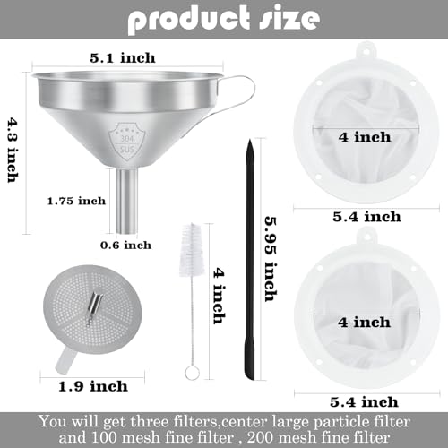 WMKGG 304 Stainless Steel Funnel,Funnels for Kitchen Use Filling Bottles | 5 Inch,with 200 Mesh and 100 Mesh Fine Mesh Strainer, for Oils, Juice, Wine, Coffee, Milk, Tea, Powder - size: Funnels+Strainer