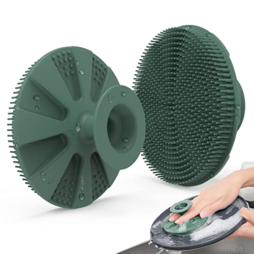 Silicone Dish Scrubber, Non-Scratch Scrub Spong for Washing Dish, Pot, Pan | Kitchen Silicone Sponge, Fruit & Vegetable Cleaning Brush, Reusable Dishwashing Scrubber, Suction Up Hang, 1 Pack, OliveGreen - color: 1pcs Olive Green