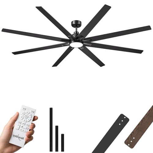 Newday 84Inch Large Industrial Ceiling Fan with Light Remote, Reversible DC | 8-blade, 6-speed with timer, 3CCT dimmable LED, silent high airflow, 3 downrods for living room, patio, garage, gazebo - size: 84 Inch