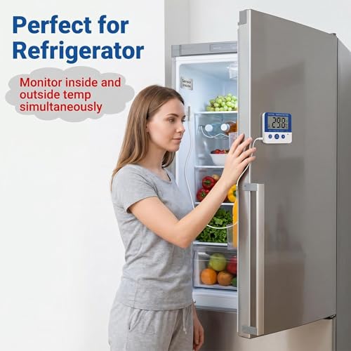 Fridge Freezer Digital Thermometer with Probe, Accurate Temperature Gauge with Built-in Default Frost Warning, Custom Alarm & Min Max Readings for Wine Cellar Reptile Habitat Incubator Greenhouse (1)