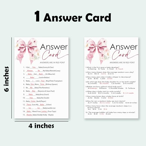 Name That Baby Song & Trivia Theme Baby Shower Game Activities-30 Pink Bow & Floral Double-Sided Game Cards(5’’x7 ’’) & 1 Answer Card(4’’x6’’) For Boys & Girls-Gender Neutral Decor & Supplies-A02 - color: Name That Baby Song & Baby Trivia