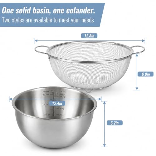 18/8 Stainless Steel Fine Mesh Colander Set, 3.5Qt | Includes 1 mixing bowl with built-in measurement marks and 1 fine 20-mesh strainer for rinsing, mixing, and draining.
