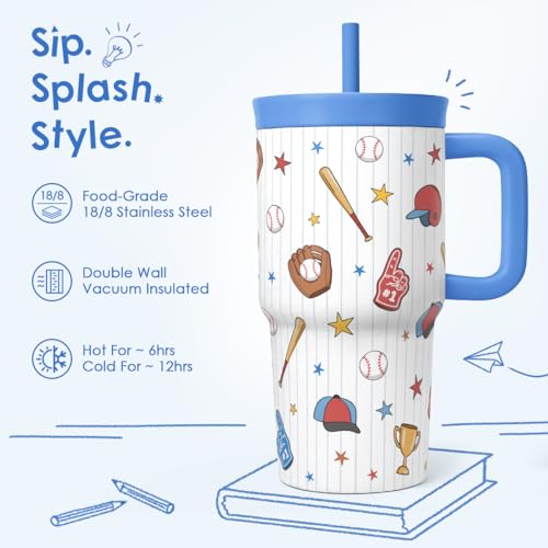 SANDJEST Baseball Stainless Steel Tumbler 20oz with Handle and Silicone Straw Locking Lid for Kids Boys Girls, Birthday Christmas Back to School - color: Baseball