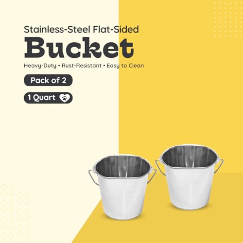 Flat Sided Stainless Steel Hanging Bucket, 1 Quart (0.25 Gallon), 2 Pack, Heavy Duty Kennel Cage Food & Water Pail for Small Dogs, Cats, Birds & Pets, Durable, Easy to Clean Feeder - size: 1 Quart (Pack of 2)