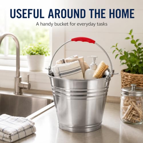 Healeved 5L Stainless Steel Bucket with Handle 9.4-Inch Round Pail | Red Grip Handle, For Ice Chilling, Beverage Service, Kitchen Carrying and Outdoor Utility Use