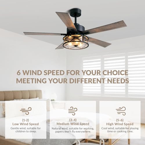 Farmhouse Ceiling Fan with Lights 52 Inch Caged | Bubble glass shade farmhouse fandelier with walnut blades, quiet DC motor, remote, 6 speeds, timer for stylish living spaces - size: 52 Inch - Walnut